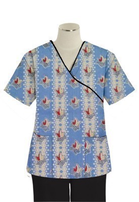 Top mock wrap 3 pocket half sleeve in Red and peach tulip print with black piping in POPLIN FABRIC (65% POLYESTER, 35% COTTON)
