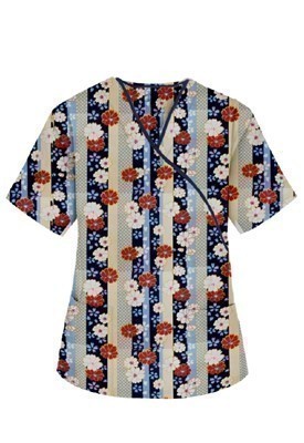 Printed scrub set mock wrap 5 pocket half sleeve in Red and Beige flowers with blue background with black piping  (top 3 pocket with bottom 2 pocket boot cut)