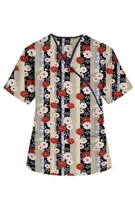 Printed scrub set mock wrap 5 pocket half sleeve in Red and Beige flowers with Grey backgroud with black piping  (top 3 pocket with bottom 2 pocket boot cut)