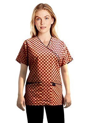 Printed scrub set mock wrap 5 pocket half sleeve in Red Square Print With Black Piping  (top 3 pocket with bottom 2 pocket boot cut)