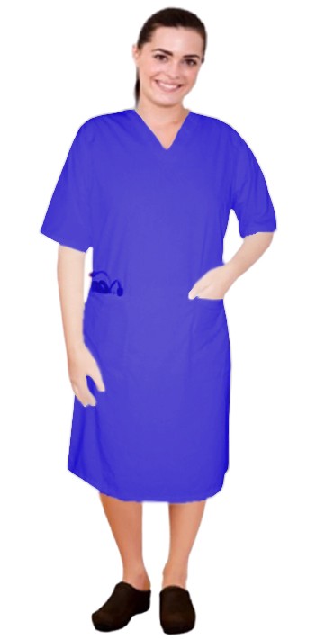 Stretch V neck half sleeve nursing dress with zip and 2 front pockets knee length (35% Cotton, 60% Polyester, 5% Spandex)