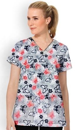 Butterfly Print Top V Neck 2 Pocket Half Sleeves in POPLIN FABRIC 35% COTTON & 65% POLYESTER