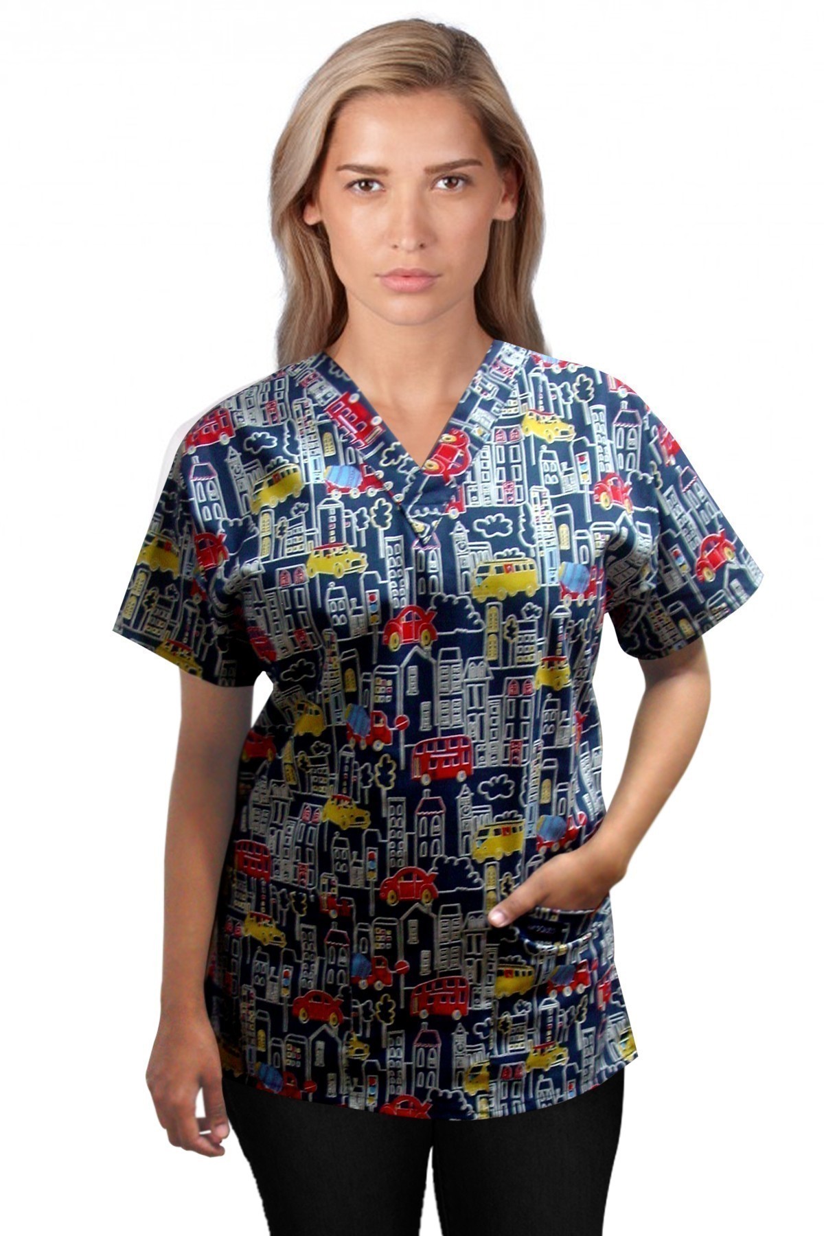 Printed scrub set 4 pocket ladies half sleeve Building And Bus Print (2 pocket top and 2 pocket pant)