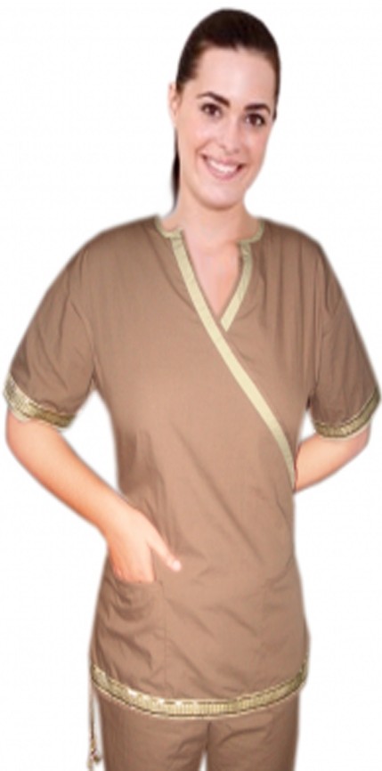 Poplin Stylish top golden lace style inset v-neck top with 2 pocket half sleeve (65% Polyester, 35% Cotton)