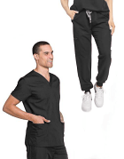 Stretch Unisex Jogger Scrub Set 5 Pockets Half Sleeves, Top 3 Pockets (1 Chest Pocket and 2 Lower Pockets) and Jogger Pant 2 Side Pockets with Full Elastic Waistband and Drawstring (Twill White) in 35% Cotton 60% Polyester 5% Spandex