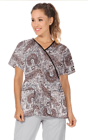 Top mock wrap 3 pocket half sleeve in Brown Paisley Print with Black Piping in POPLIN FABRIC (65% POLYESTER, 35% COTTON)
