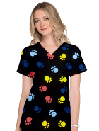 Paw Print Top V Neck 2 Pocket Half Sleeves in POPLIN FABRIC 35% COTTON & 65% POLYESTER