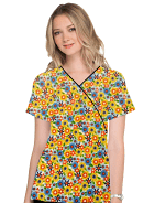 Blooming Flowers Printed Top Mock Wrap With Black Piping 3 Pocket Half Selves in POPLIN FABRIC (65% POLYESTER, 35% COTTON)