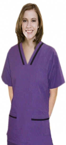 Microfiber contrast bias v-neck tunic style 4 pocket half sleeve with matching bottom (top 2 pkt with bottom 2 pkt boot cut)  (100% POLYESTER) 