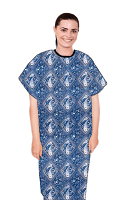 Patient gown half sleeve  printed back open tie-able, Blue with Pink Classical Print with Black Piping, Sizes XS-9X