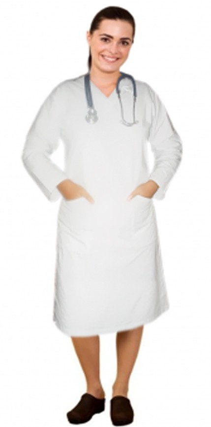 Stretch V neck full sleeve nursing dress with zip and 2 front pockets knee length (35% Cotton, 60% Polyester, 5% Spandex)
