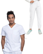 Microfiber Unisex Jogger Scrub Set 6 Pockets Half Sleeves, Top 3 Pockets (1 Chest Pocket and 2 Lower Pockets) and Jogger Pant 3 Pockets (2 Side Pockets, 1 Back Pocket) with Full Elastic Waistband and Drawstring (Twill White) (100% POLYESTER) 