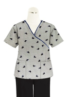 Top mock wrap 3 pocket half sleeve in Black Leaf print with black piping in 100% POLYESTER FABRIC