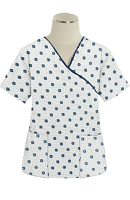 Top mock wrap 3 pocket half sleeve in Green Square print with black piping in POPLIN FABRIC (65% POLYESTER, 35% COTTON)