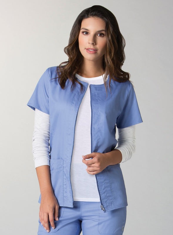 Microfiber Stretch Scrub Jacket 2 Pockets Solid Ladies Half Sleeves with Zip in 97% polyester, 3% spandex