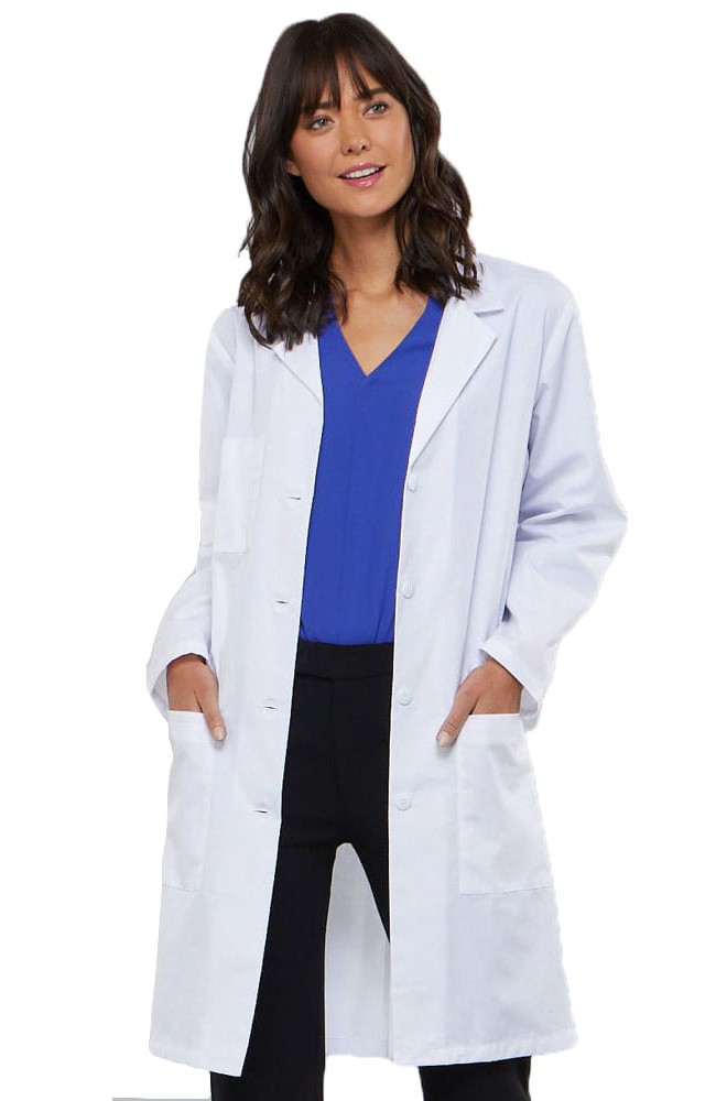 Microfiber Stretch labcoat ladies full sleeve (97 perc polyester,3 perc Spandex fabric)  with plastic buttons 3 pockets solid pleated in 36  38  40  42 lengths