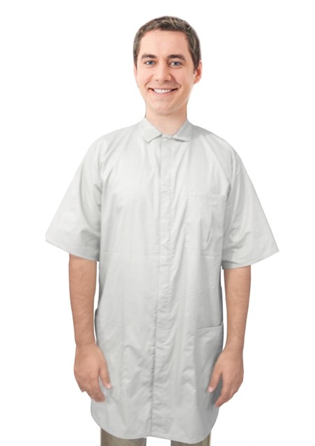 Microfiber stretch labcoat unisex half sleeve snap buttons  with covered placket 3 pockets solid pleated (97% polyester,3% Spandex) in 36 38 40 42 inch lengths