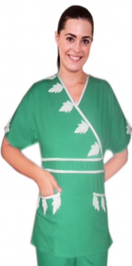 Microfiber Stretch Stylish top painted white leaf style crossover top double piping solid 2 pocket half sleeve (97% POLYESTER, 3% SPANDEX)