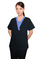 Microfiber Stretch Contrast v-neck insert trim 4 pocket set pleats half sleeve with matching bottom (top 2 pkt with bottom 2 pkt boot cut) in 97% Polyester 3% Spandex