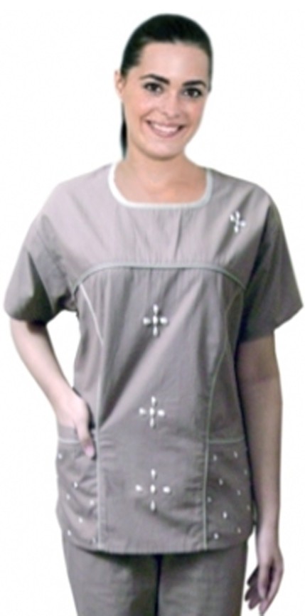 Microfiber Stretch Stylish top pearl flower scoop neck contrast piping top with 4 pocket half sleeve (97% POLYESTER, 3% SPANDEX)