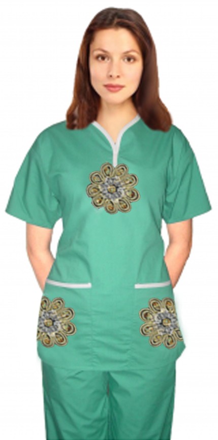 Microfiber Stylish top big golden flower tunic style top 2 pocket half sleeve (100% Polyester)