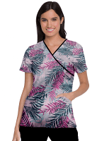 Pink leaves printed Top Mock Wrap With Black Piping 3 Pocket Half Selves in POPLIN FABRIC (65% POLYESTER, 35% COTTON)
