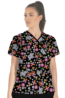 Disney Print Top Mock Wrap With Black Piping 3 Pocket Half Sleeve in POPLIN FABRIC (65% POLYESTER, 35% COTTON)