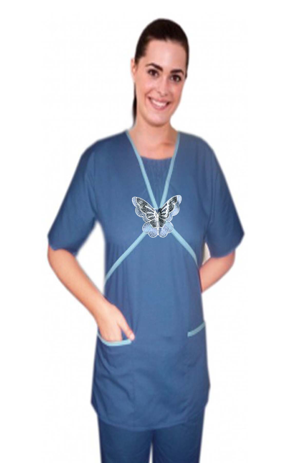 Microfiber Stylish set big white butter fly double crossover style set half sleeve with ruffle at neck 4 pocket set (2 pocket top, 2 pocket bootcut pant) (100% POLYESTER) 