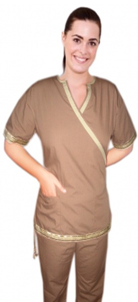 Microfiber Stylish set golden lace style inset v-neck 4 pocket set half sleeve (top 2pkt with bottom 2pkt bootcut) (100% POLYESTER) 