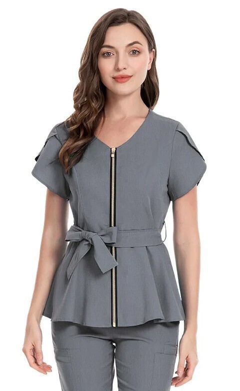 Stretchable Womens Fashion Scrub Set with Front Zipper and Belt Scrub Top and 4 Pockets Scrub Pant (2 side pockets and 2 cargo pockets) in 35% Cotton 60% Polyester 5% Spandex