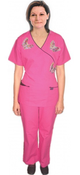 Stretchable Stylish set silver butterfly mock wrap set 5 pocket half sleeve (top 3pkt with bottom 2pkt bootcut) in 35% Cotton 60% Polyester 5% Spandex