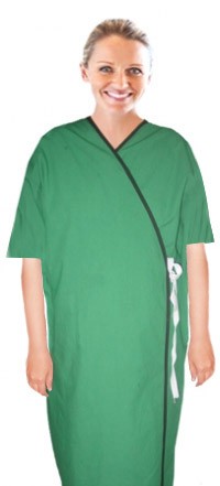 Stretchable Patient Gown front open half sleeve with matching piping tie-able, Sizes XS-9X. (35% Cotton, 60% Polyester, 5% Spandex)