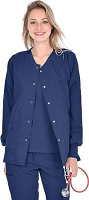 Stretchable Scrub jacket 3 pockets solid ladies full sleeves with rib snap buttons in 35% Cotton 60% Polyester 5% Spandex