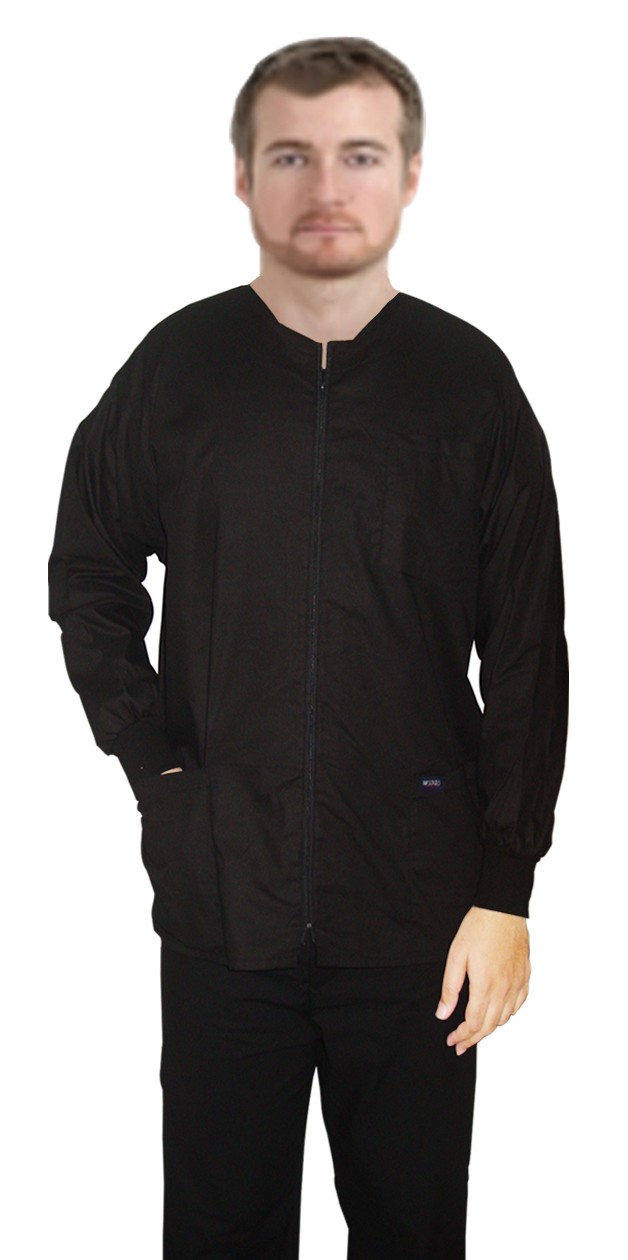 Stretchable Scrub Jacket 3 pocket solid full sleeve unisex with rib and zip in 35% Cotton 60% Polyester 5% Spandex