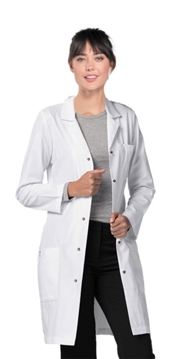 Stretchable labcoat ladies full sleeve with snap buttons 3 pockets solid pleated (35% Cotton, 60% Polyester, 5% Spandex)  in 36 38 40 42 lengths