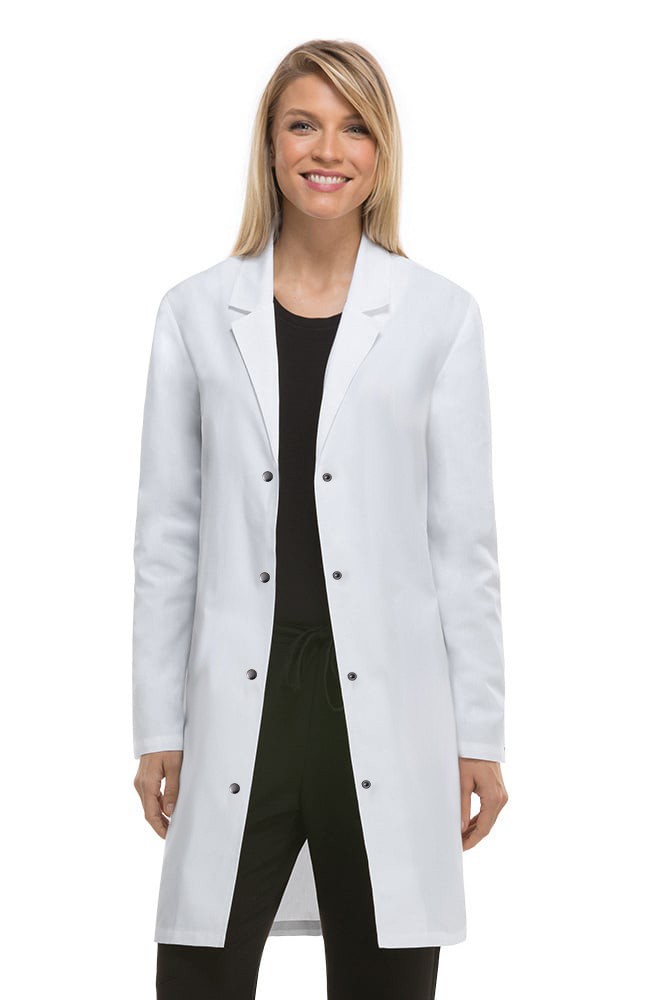 Stretchable labcoat ladies full sleeve with snap buttons without pockets solid(35% Cotton, 60% Polyester, 5% Spandex)  in 36 38 40 42 lengths