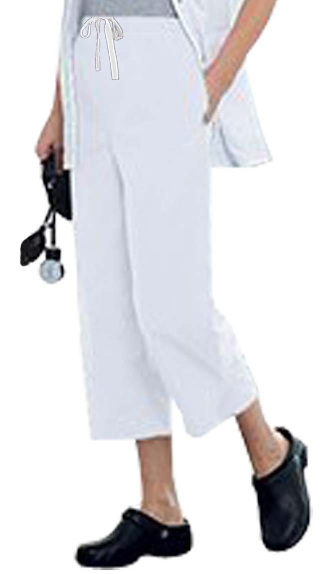 Stretchable fabric capri ladies with 2 side pockets with 1 back pocket elasticated twill drawstring (white) (inseam is 23 inches). (35% Cotton, 60% Polyester, 5% Spandex)