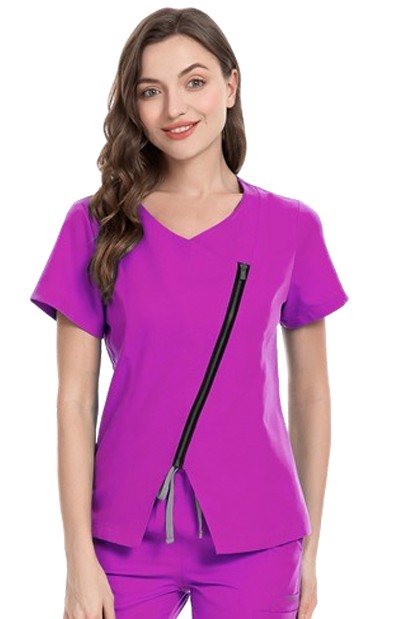 Stretchable Womens Scrub Top Diagonal Zipper V Neck Half Sleeves in35% Cotton 63% Polyester 2% Spandex