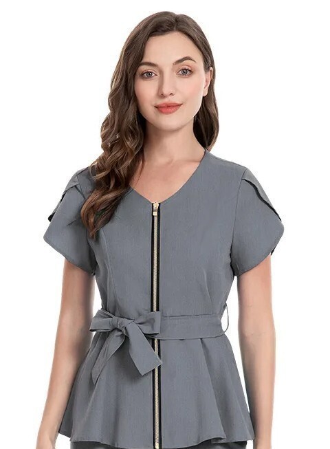 Stretchable Womens Fashion Scrub Top with Front Zipper and Belt in 35% Cotton 60% Polyester 5% Spandex