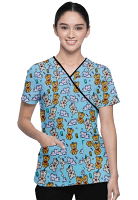 Baby Snuggle Buddies Printed Scrub Set Mock Wrap With Black Piping 5 Pocket Half Sleeves (Top 3 Pockets With Bottom 2 Pockets Boot cut)