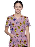 Pooh Printed Top V Neck 2 Pocket Half Sleeve in Interlock Stretch Fabric 100% polyester