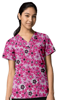 Pink Flowers Print Top V Neck 2 Pocket Half Sleeves in POPLIN FABRIC 35% COTTON & 65% POLYESTER