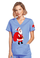 Santa Printed Scrub Top Ceil Blue V Neck 2 Pockets Half Sleeves in POPLIN FABRIC 35% COTTON & 65% POLYESTER