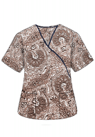 Printed scrub set mock wrap 5 pocket half sleeve in Brown Paisley Print with black piping  (top 3 pocket with bottom 2 pocket boot cut)