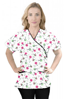 Printed scrub set mock wrap 5 pocket half sleeve in Cherry Blossom Print With Black Piping (top 3 pocket with bottom 2 pocket boot cut)