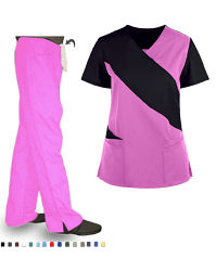 Cut N Sew style v-neck style 7 pocket set top half sleeve with additional pockets (top 5 pocket with bottom 2 pocket bootcut) in 65% Polyester 35% Cotton