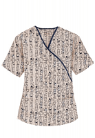 Top mock wrap 3 pocket half sleeve in Geometric Print with Black Piping in POPLIN FABRIC (65% POLYESTER, 35% COTTON)