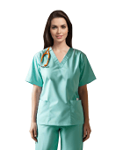 Poplin Top v neck 2 pocket solid half sleeve ladies with pencil pocket in 65% polyester, 35% cotton fabric