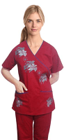 Stylish scrub set with mock wrap crystal print 5 pocket half sleeves in 35% Cotton 65% Polyester