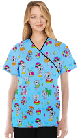 Teddy Bear Print Scrub Set Mock Wrap With Black Piping 5 Pocket Half Sleeves (Top 3 Pockets With Bottom 2 Pockets Boot cut)